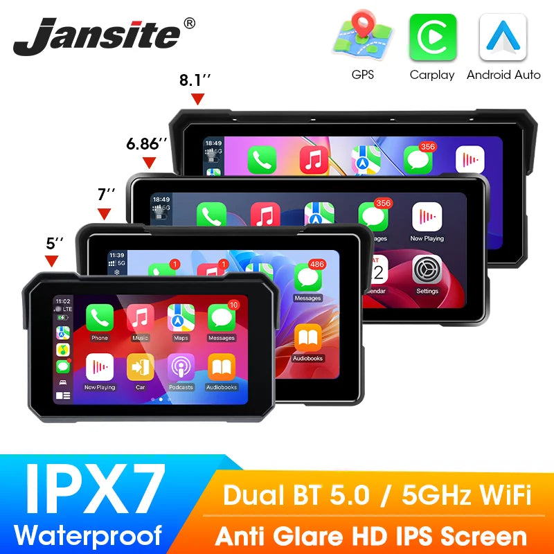 Jansite Motorcycle Display Screen Carplay Moto Navigation Portable Digital Dashboard Motobike Android Auto Waterproof BT Monitor