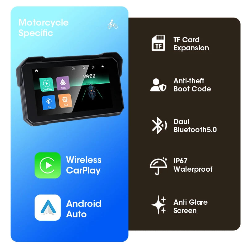 Jansite Motorcycle Display Screen Carplay Moto Navigation Portable Digital Dashboard Motobike Android Auto Waterproof BT Monitor